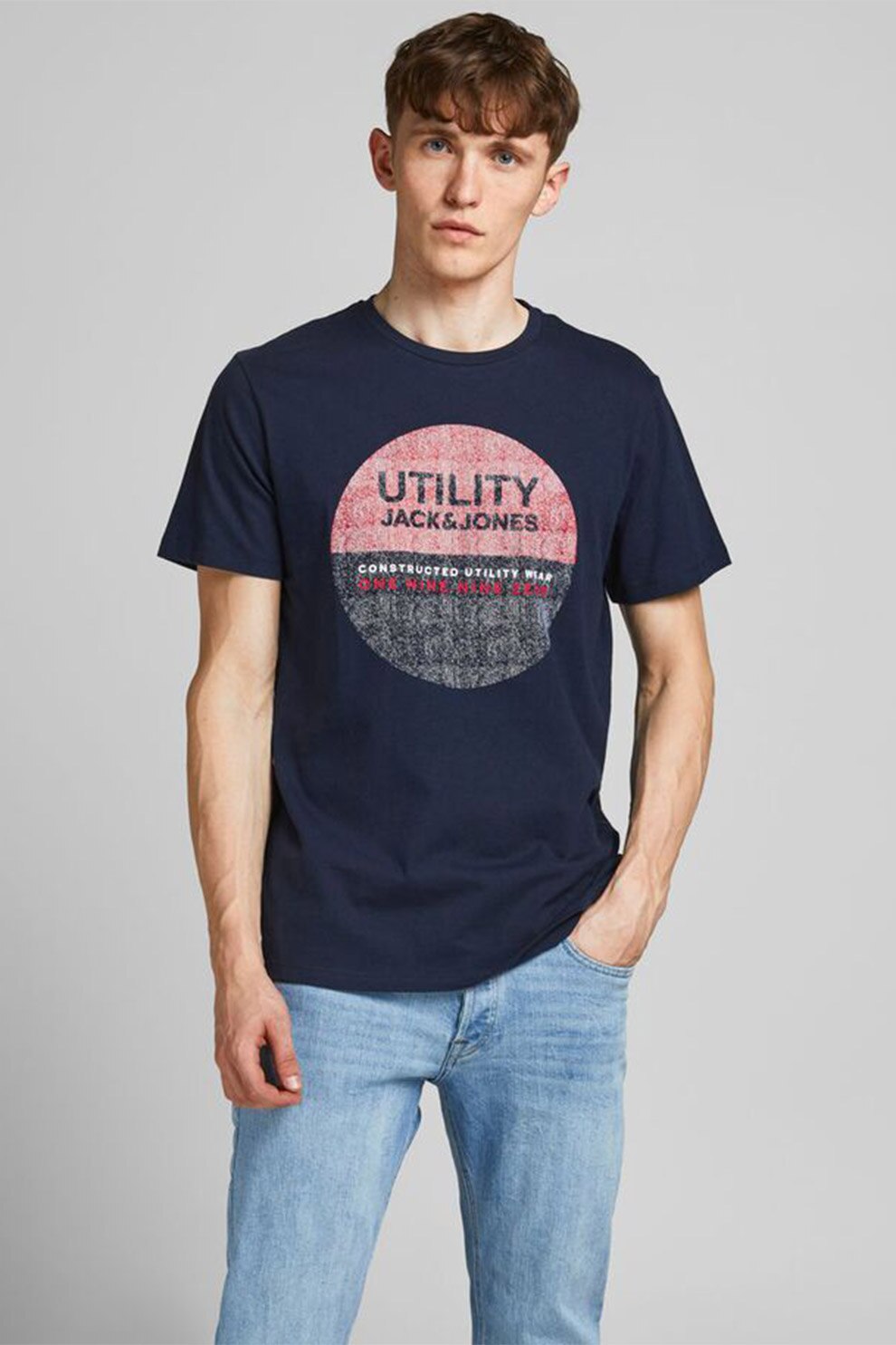 Jack&Jones, Tricou regular fit de bumbac, Bleumarin/Rosu stins