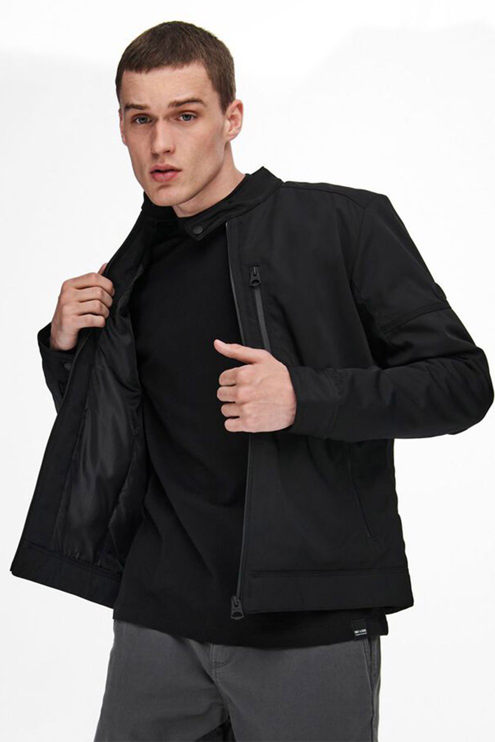 Only & Sons, Jacheta bomber cu buzunare exterioare cu fermoar, Negru, S