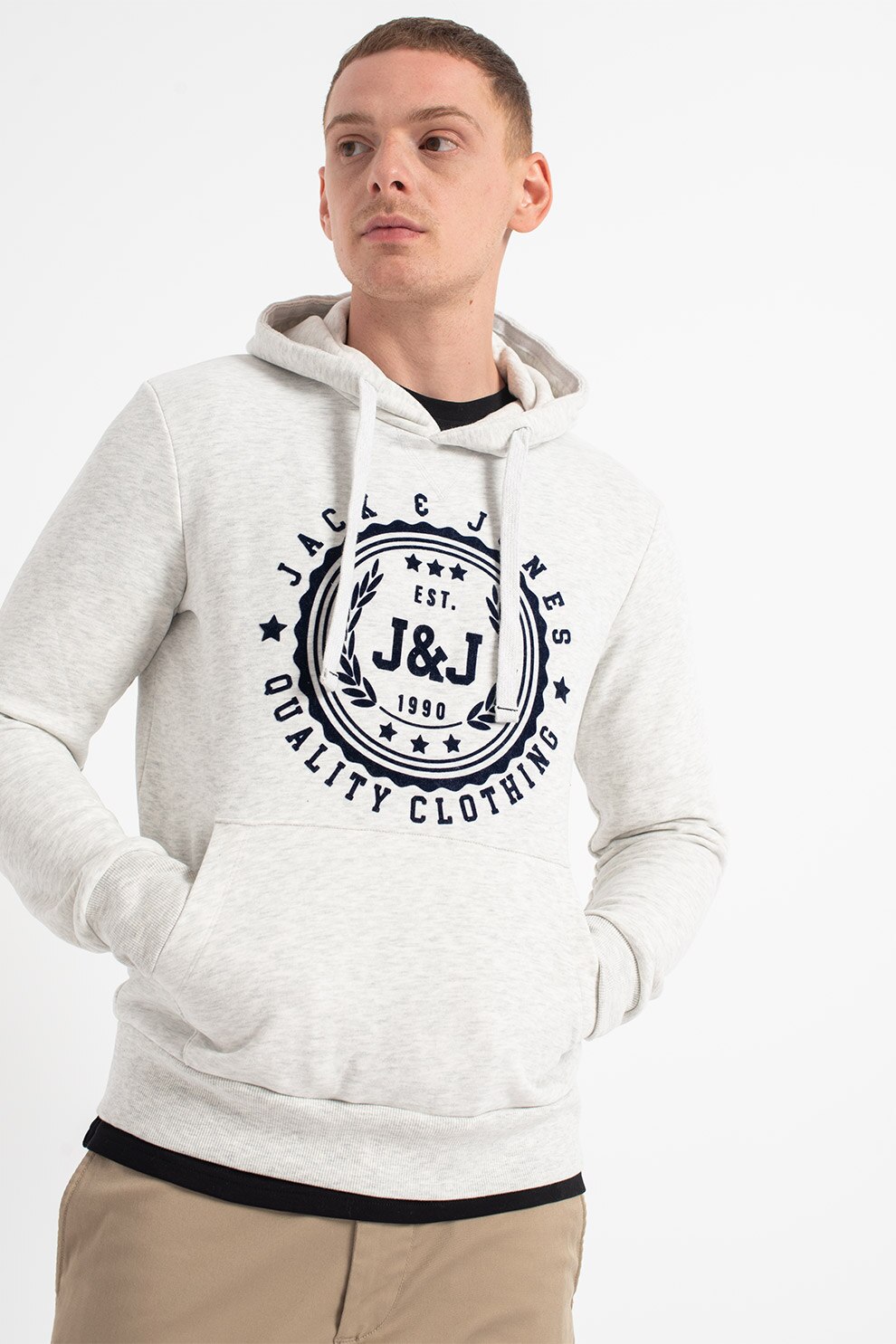 Jack&Jones, Hanorac cu imprimeu logo Locker, Gri deschis melange