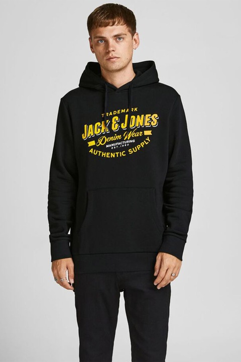 Jack & Jones, Hanorac regular fit cu logo si buzunar kangaroo, Negru/Galben sofran