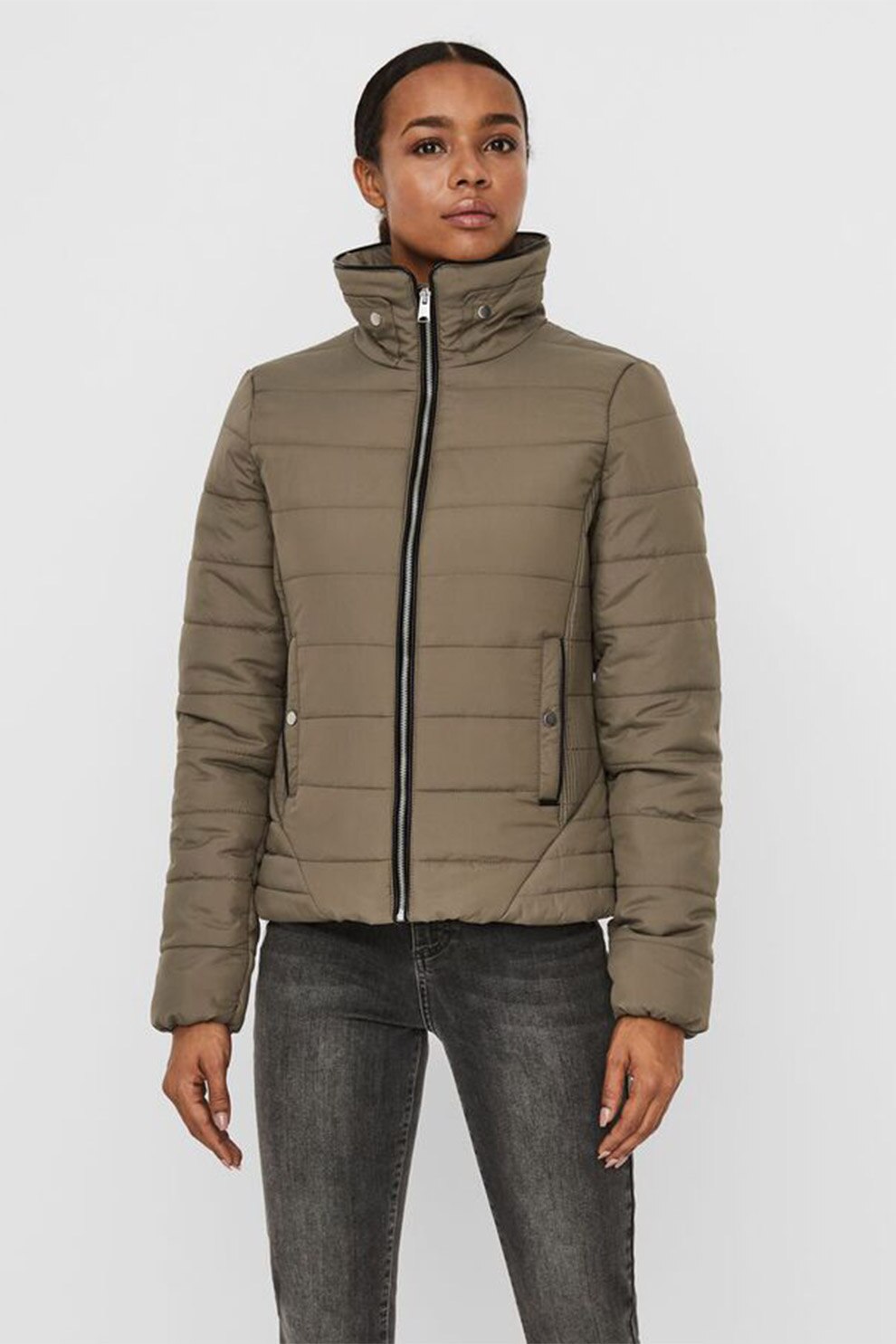 Vero Moda, Geaca cu aspect matlasat si guler inalt, Taupe