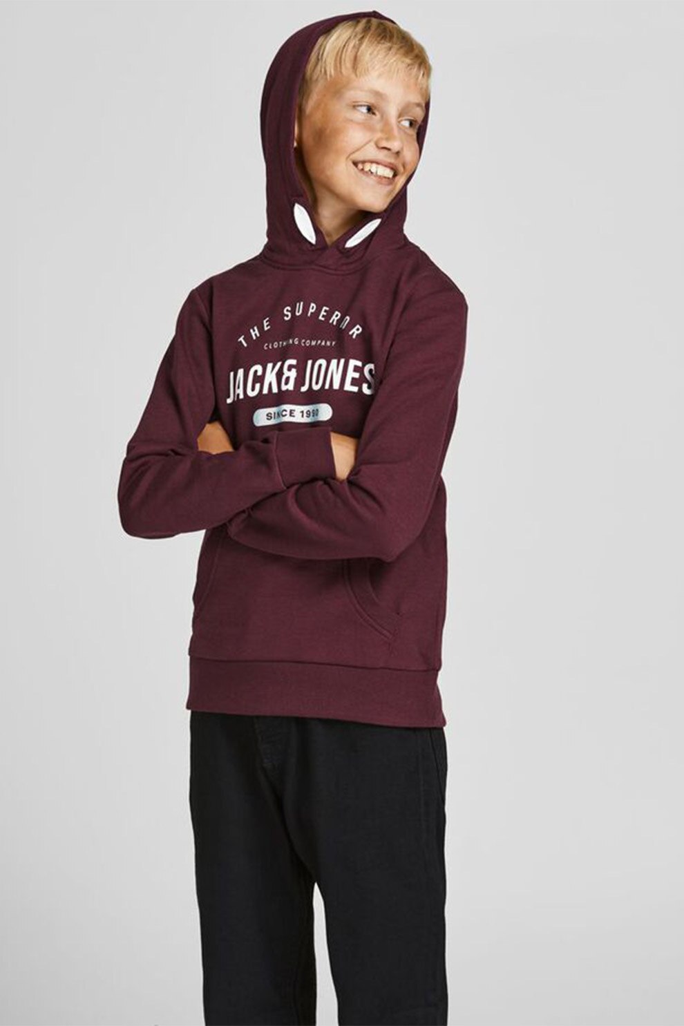 Jack&Jones, Hanorac cu logo si buzunar kangaroo, 152 CM, Violet pruna/Alb