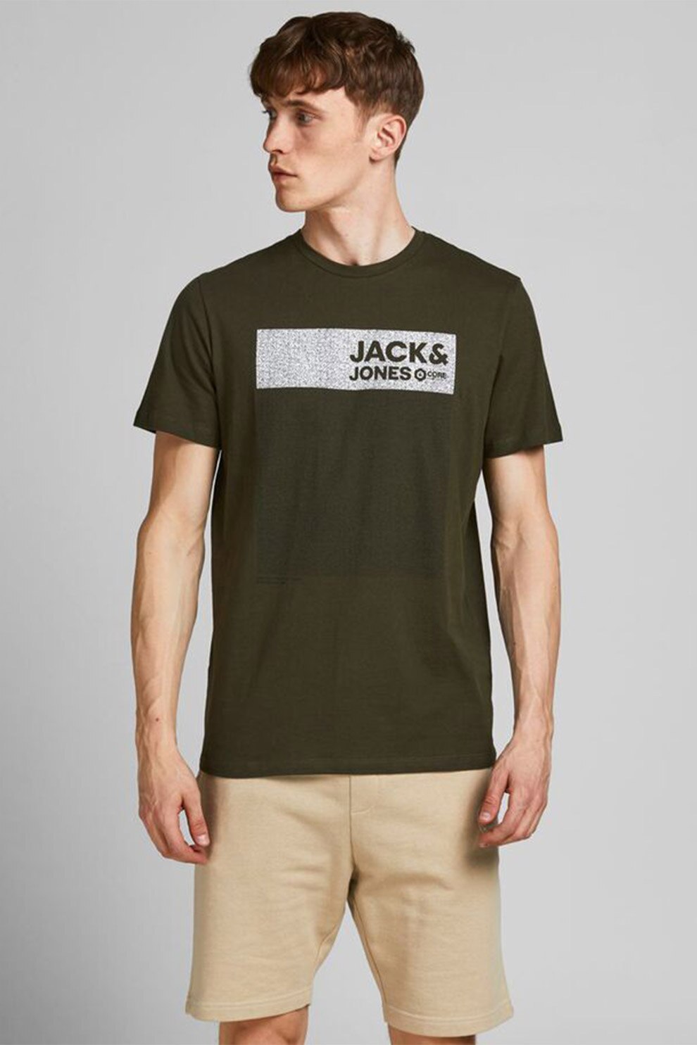 Jack&Jones, Tricou regular fit de bumbac, Verde forest/Alb