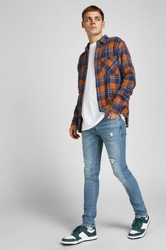 Jack&Jones, Blugi skinny cu rupturi decorative Liam 417, Albastru/Alb Jack&Jones, Blugi skinny cu rupturi decorative Liam 417, Albastru/Alb