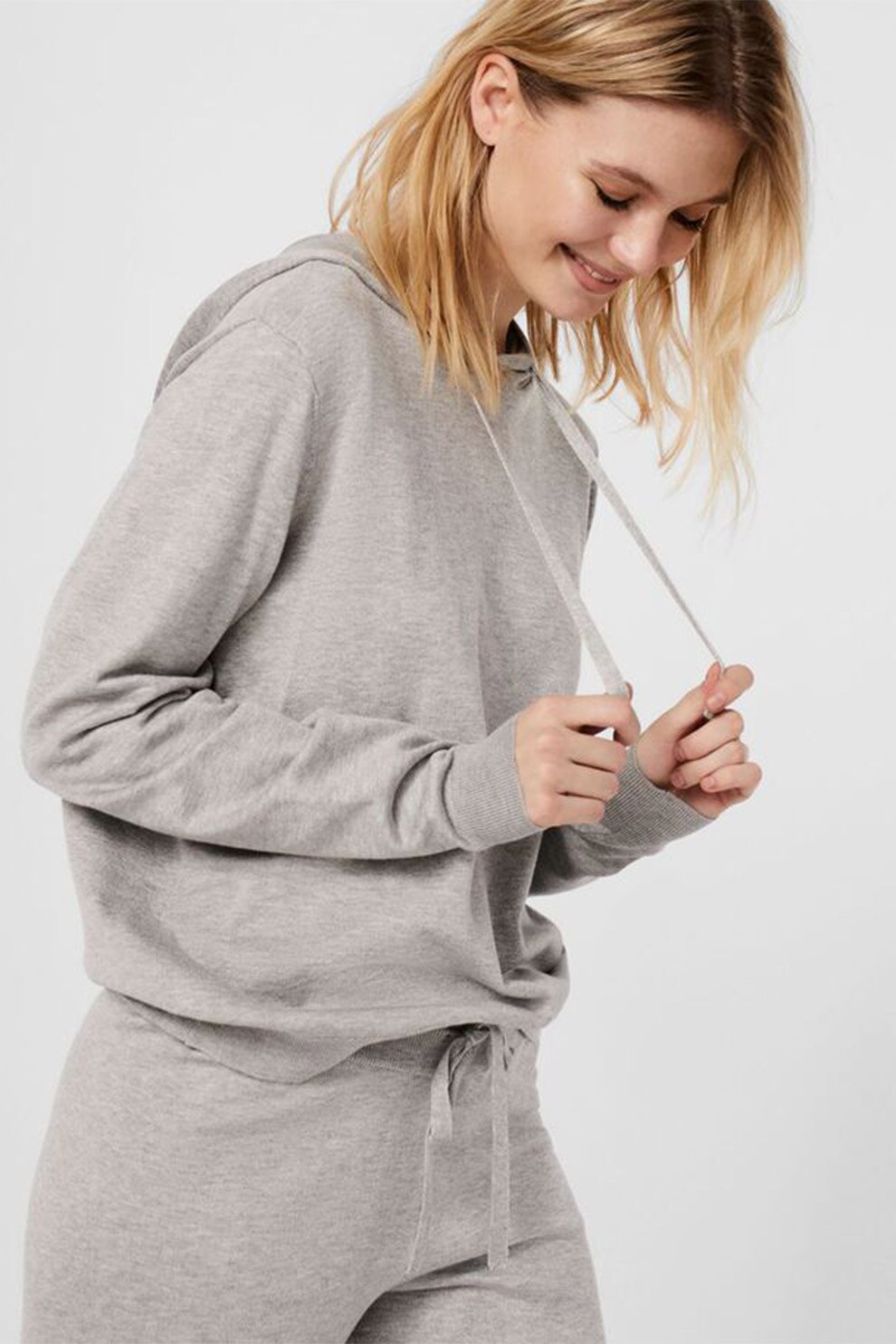 Vero Moda, Pulover tricotat fin cu gluga Edith, Gri deschis melange