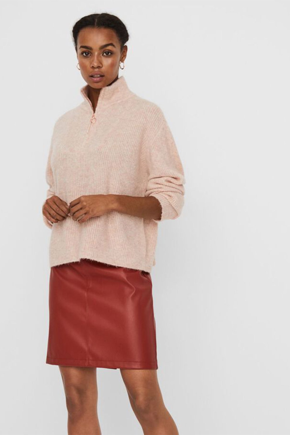 Vero Moda, Pulover lejer cu fenta cu fermoar, Roz deschis melange