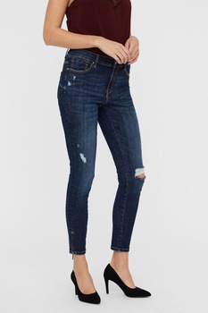 Vero Moda, Blugi crop slim fit cu detalii deteriorate, Bleumarin, XS-L30 Vero Moda, Blugi crop slim fit cu detalii deteriorate, Bleumarin, XS-L30