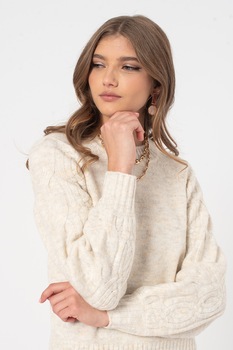 Vero Moda, Pulover cu decolteu la baza gatului si model torsade pe maneci Ella, Bej melange Vero Moda, Pulover cu decolteu la baza gatului si model torsade pe maneci Ella, Bej melange