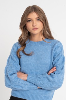 Vero Moda, Pulover cu decolteu la baza gatului si model torsade pe maneci Ella, Albastru lavanda Vero Moda, Pulover cu decolteu la baza gatului si model torsade pe maneci Ella, Albastru lavanda