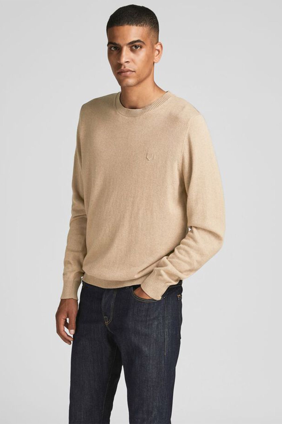 Jack&Jones, Pulover din amestec de bumbac organic si casmir, Maro camel