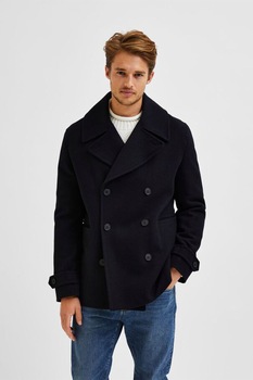 Selected Homme, Haina scurta din amestec de lana cu doua randuri de nasturi, Bleumarin inchis, S Selected Homme, Haina scurta din amestec de lana cu doua randuri de nasturi, Bleumarin inchis, S