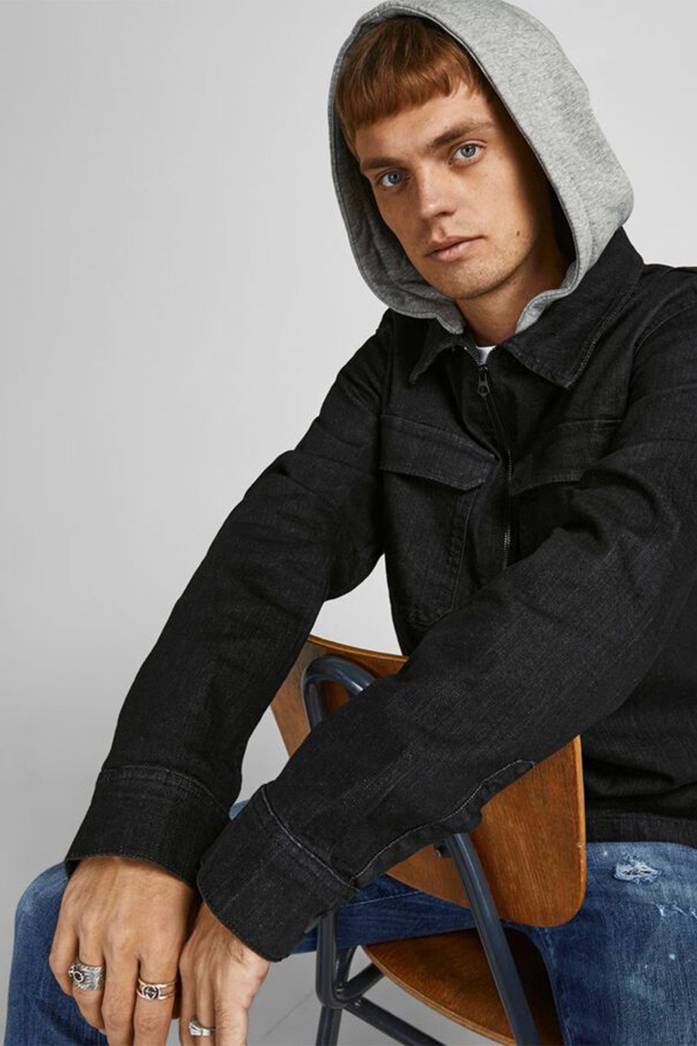 Jack&Jones, Jacheta relaxed fit cu gluga, din denim, Negru/Alb