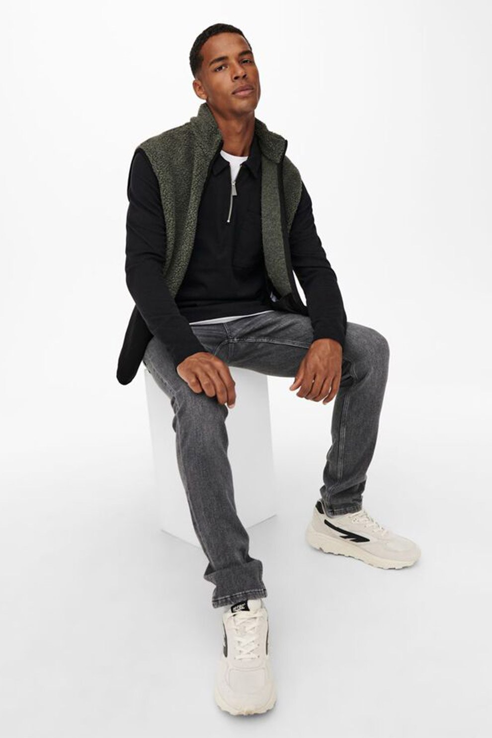 Only & sons, Vesta in doua nuante din blana sherpa cu buzunar cu fermoar, Gri inchis/ Negru