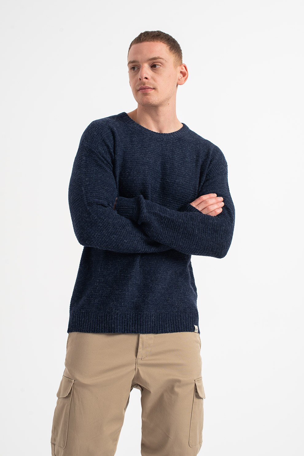 Jack&Jones, Pulover din tricot cu maneci cazute Salem, Albastru melange