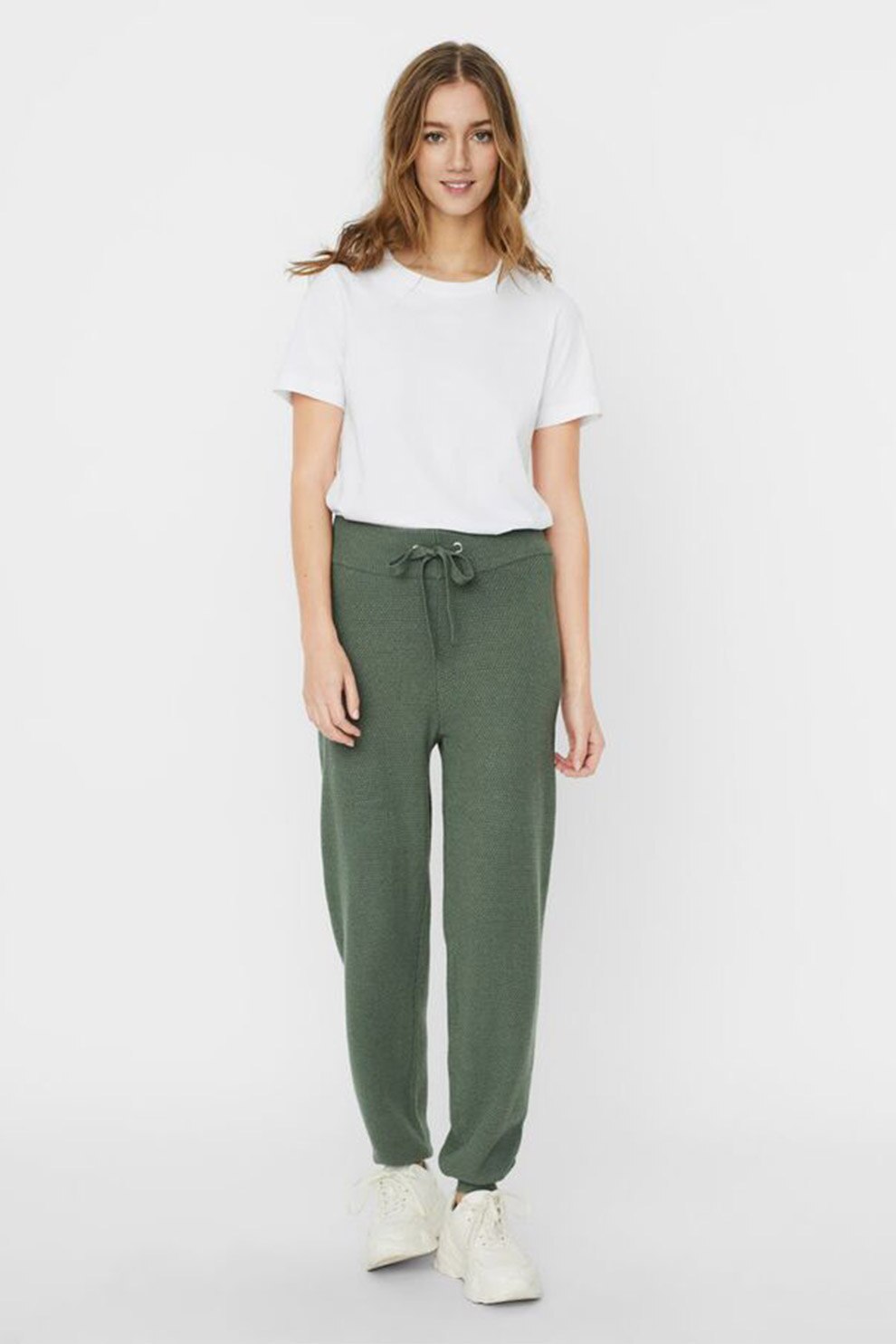Vero Moda, Pantaloni texturati din tricot cu snur, Verde feriga