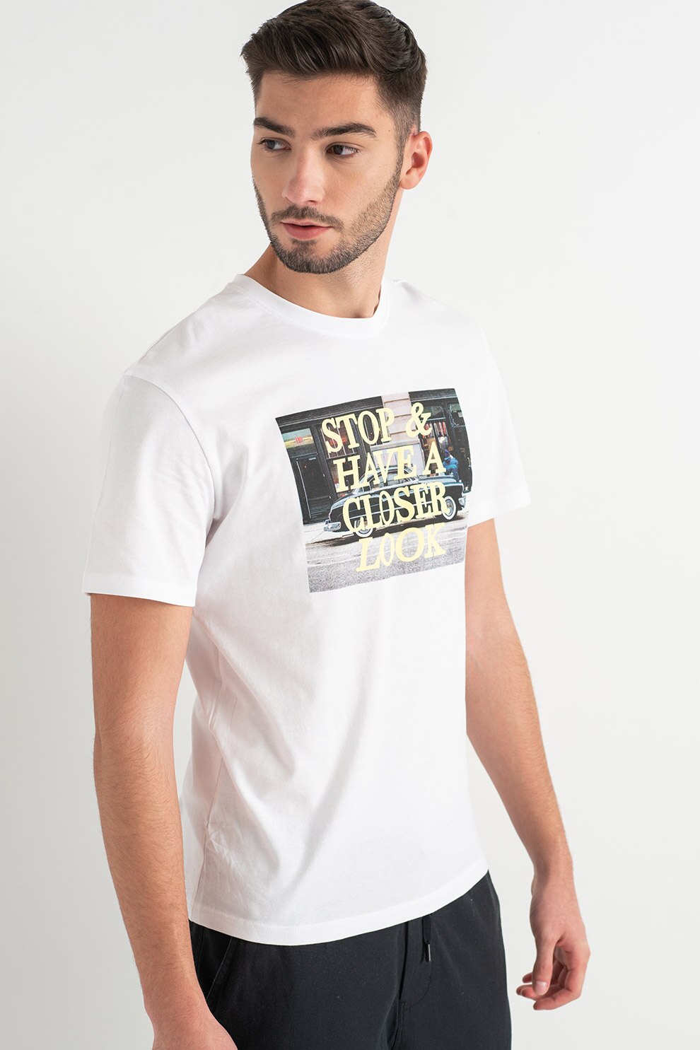 Jack&Jones, Tricou din bumbac cu imprimeu text Kingston, Alb