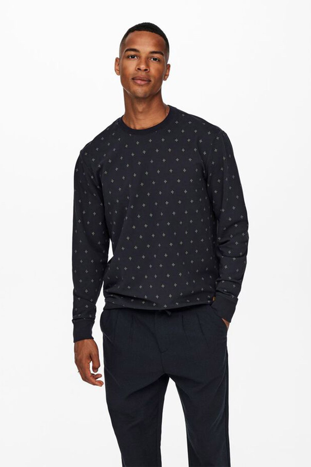 Only & sons, Bluza sport din amestec de bumbac cu imprimeu grafic, Bleumarin inchis/Alb prafuit