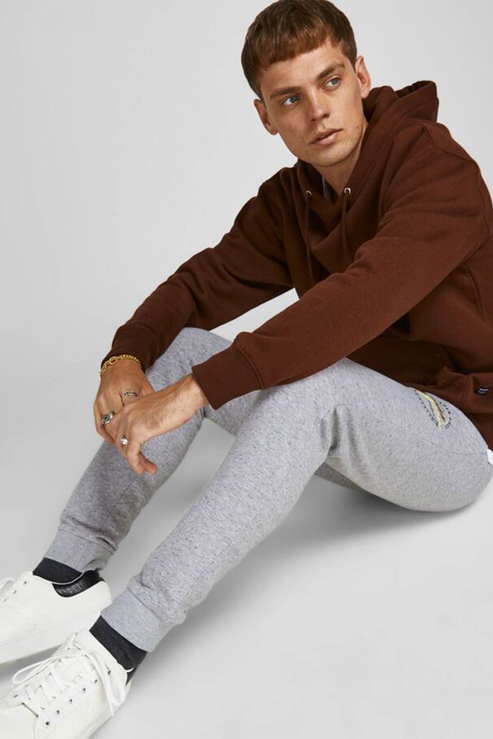 Jack&Jones, Pantaloni sport din amestec de bumbac cu logo brodat, Gri melange