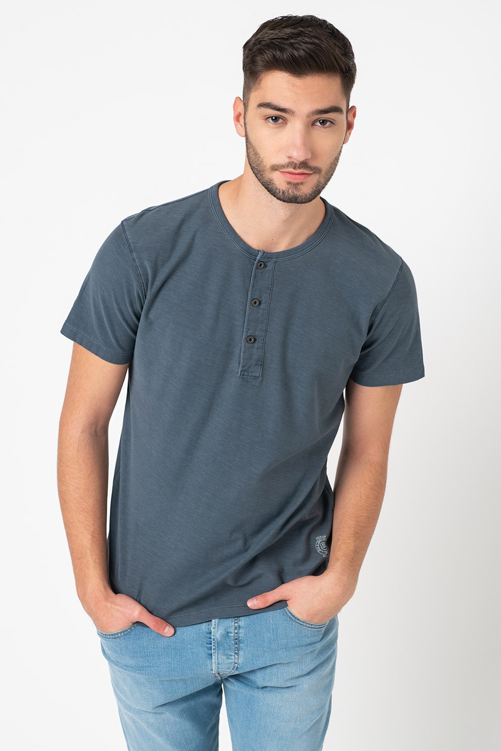 Jack&Jones, Tricou din bumbac cu decolteu henley Bluwest, Bleumarin