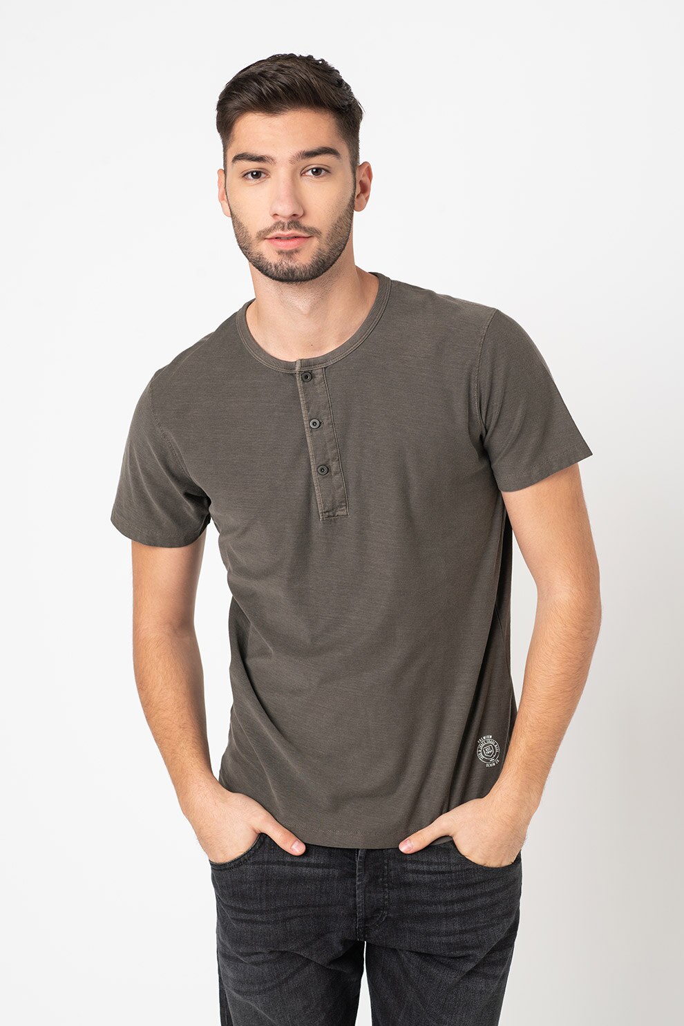 Jack&Jones, Tricou din bumbac cu decolteu henley Bluwest, Maro taupe inchis