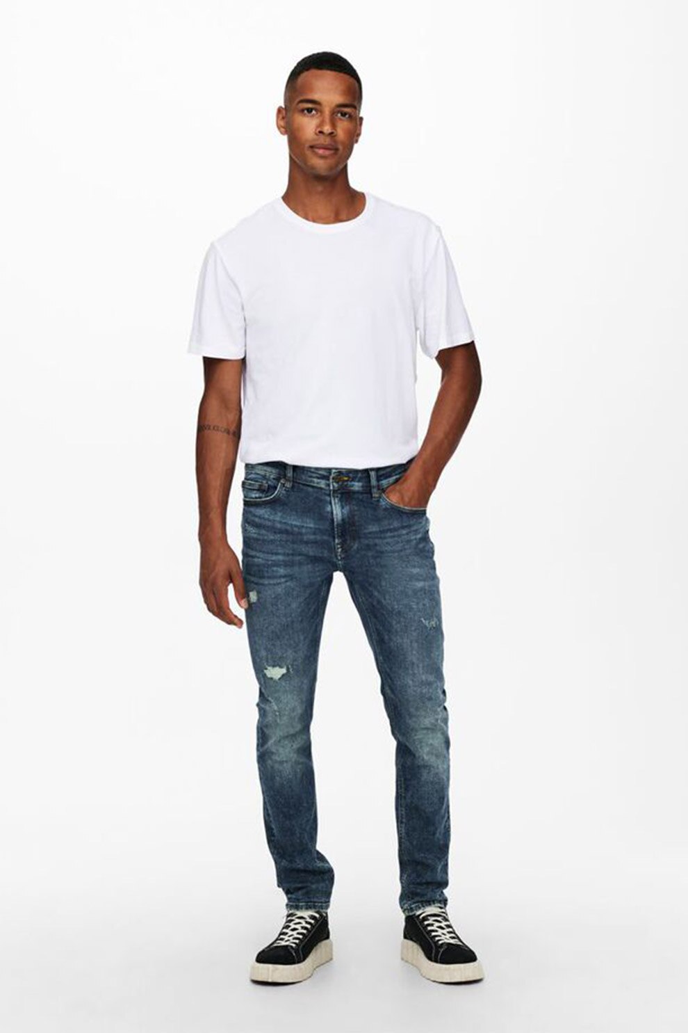 Only & sons, Blugi slim fit cu detalii deteriorate, Bleumarin/Alb prafuit