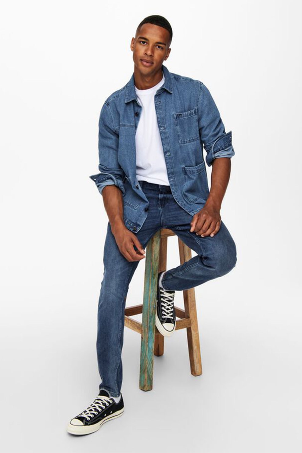 Only & sons, Blugi slim fit cu detalii decolorate, Albastru inchis