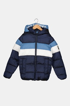 Jack&Jones, Geaca colorblock cu gluga, Bleumarin/Alb, 140 CM Jack&Jones, Geaca colorblock cu gluga, Bleumarin/Alb, 140 CM