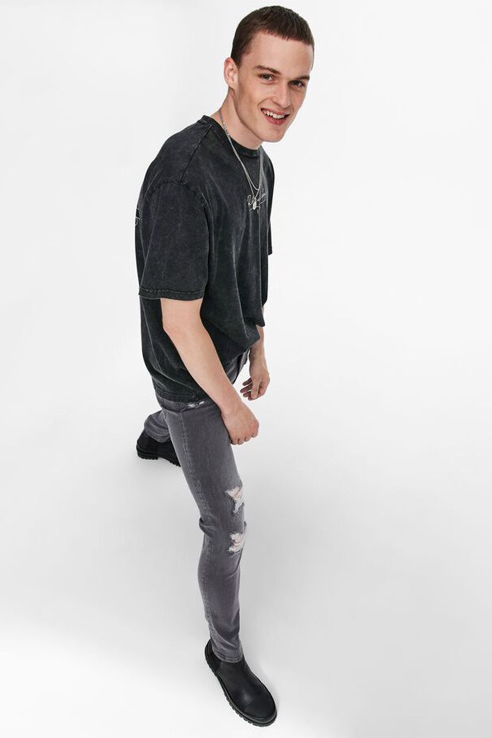 Only & sons, Tricou lejer de bumbac cu imprimeu, Negru melange