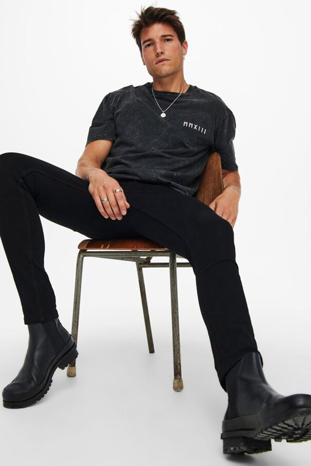 Only & sons, Tricou de bumbac cu imprimeu pe piept, Negru stins