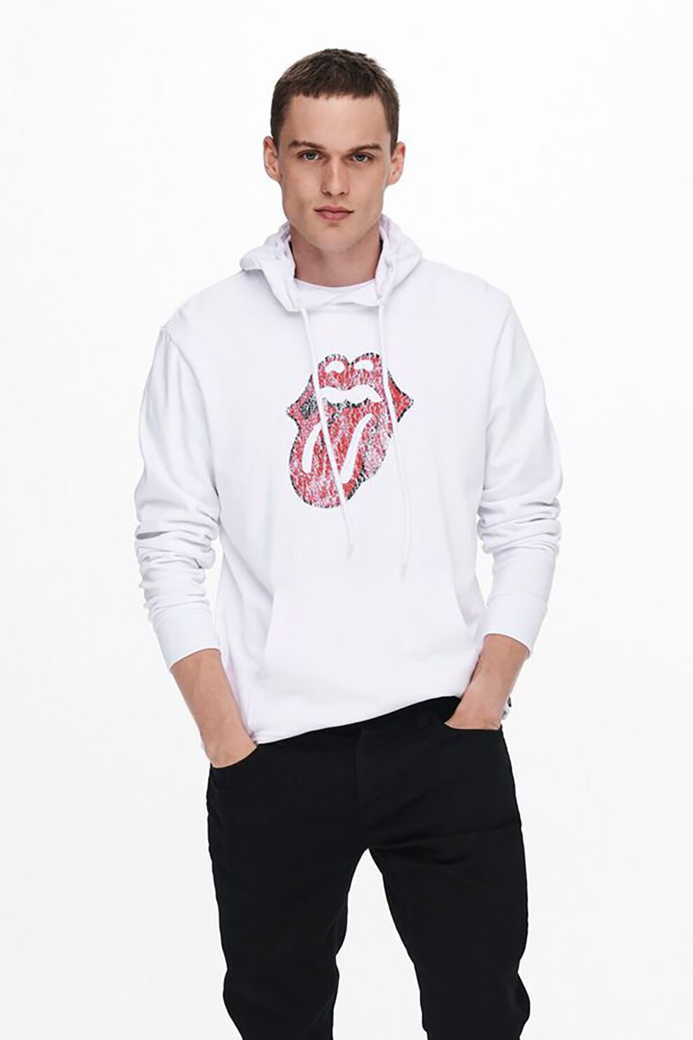 Only & Sons, Hanorac cu imprimeu, snur si buzunar kangaroo, Alb/Rosu stins