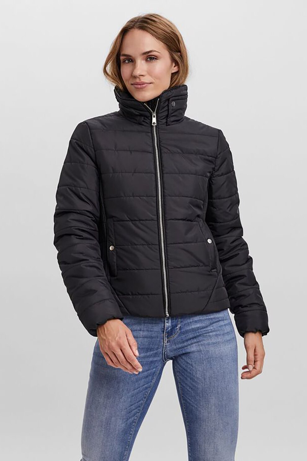 Vero Moda, Geaca cu aspect matlasat si guler inalt, Negru