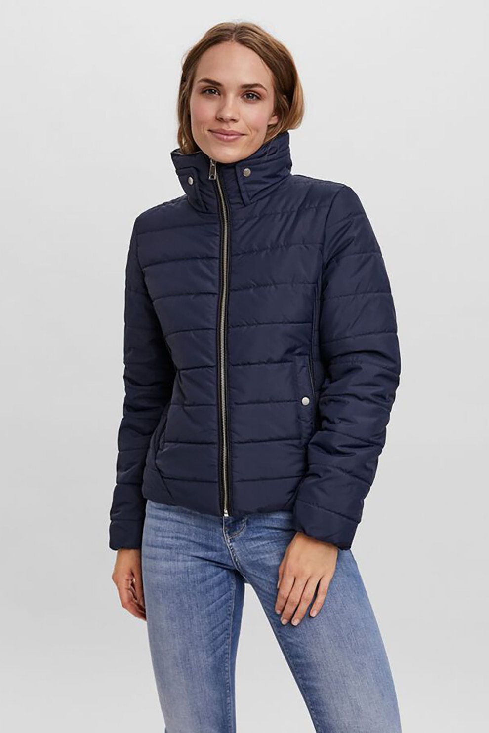 Vero Moda, Geaca cu aspect matlasat si guler inalt, Bleumarin inchis