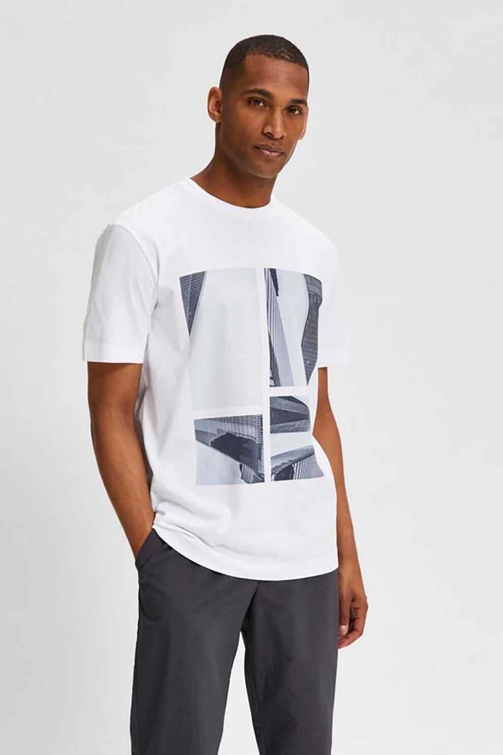 Selected Homme, Tricou din bumbac organic cu imprimeu grafic, Alb/Gri deschis