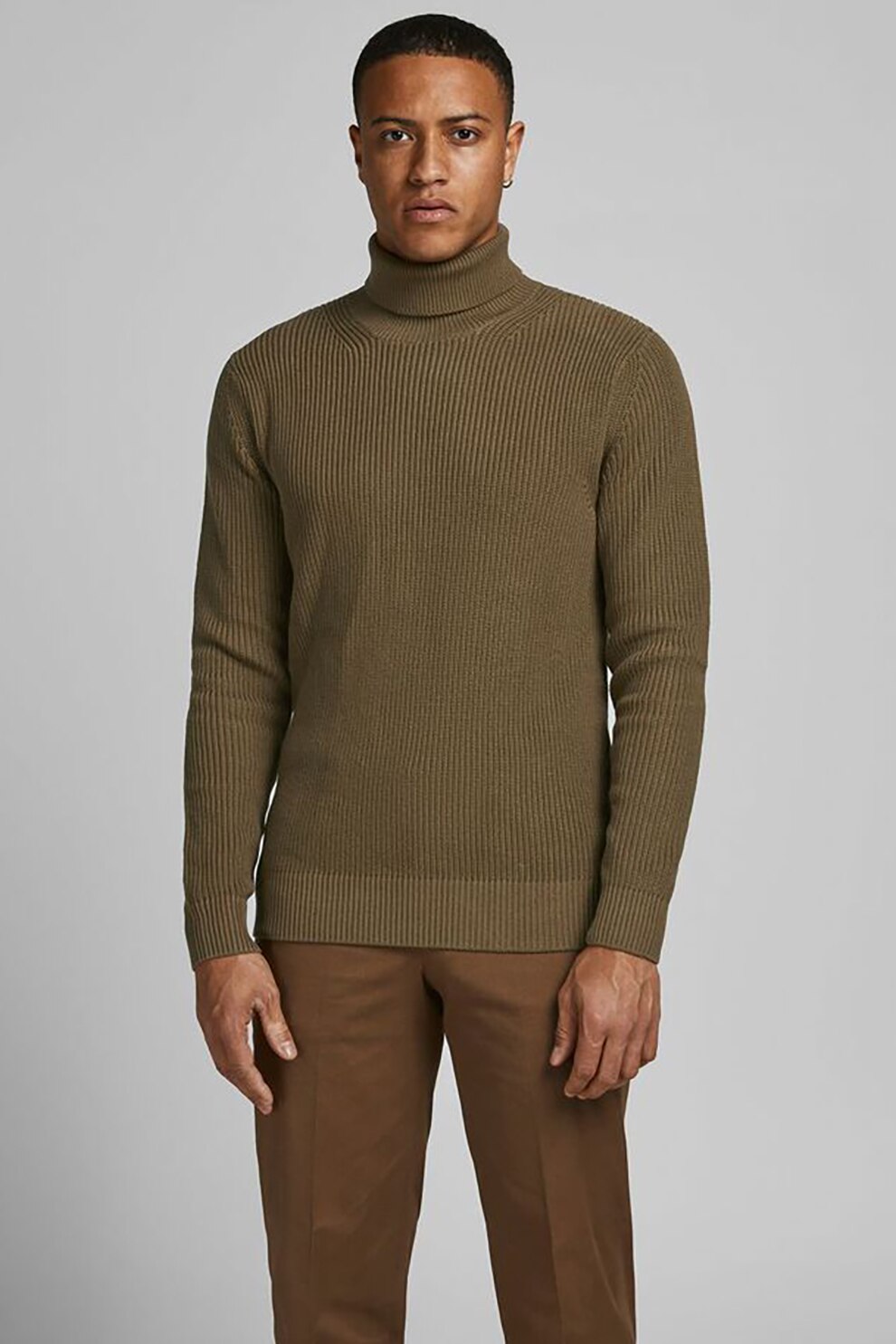 Jack&Jones, Pulover cu guler inalt si striatii Lawell, Verde militar