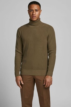 Jack&Jones, Pulover cu guler inalt si striatii Lawell, Verde militar Jack&Jones, Pulover cu guler inalt si striatii Lawell, Verde militar
