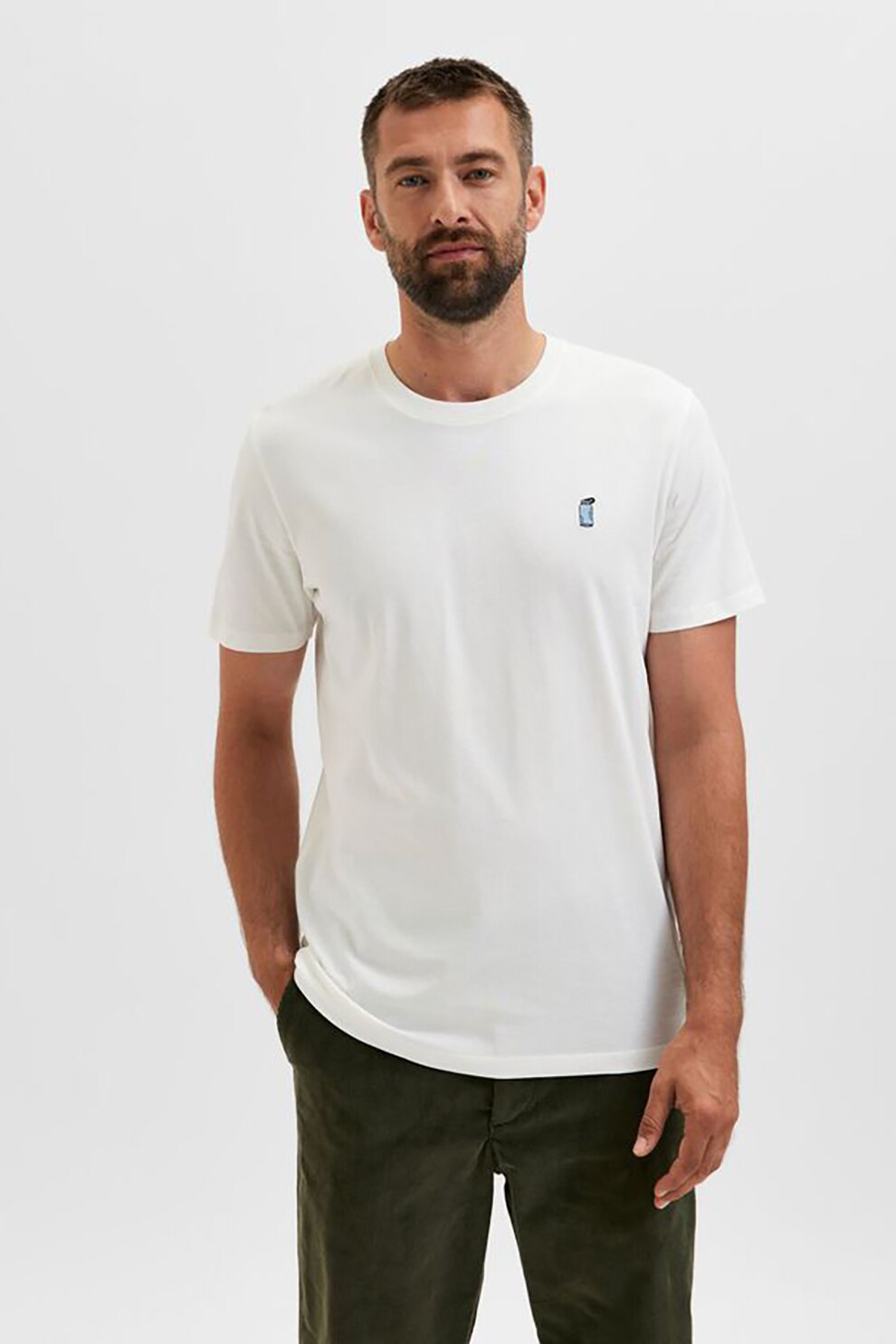 Selected Homme, Tricou din bumbac organic cu detaliu brodat, Alb