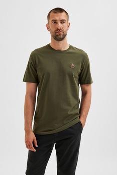 Selected Homme, Tricou din bumbac organic cu detaliu brodat, Verde militar