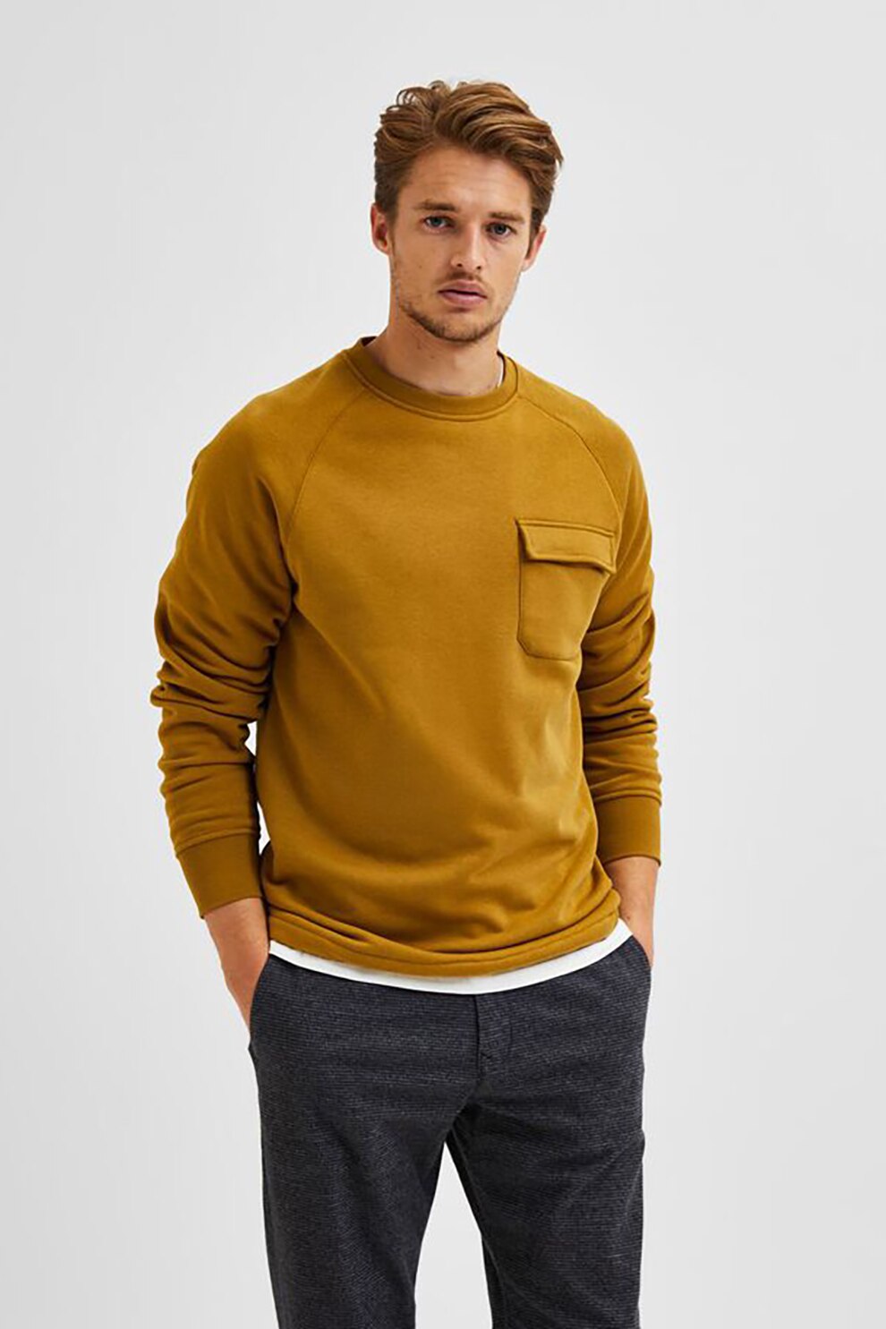 Selected Homme, Bluza sport cu decolteu la baza gatului si maneci raglan, Ocru, XL