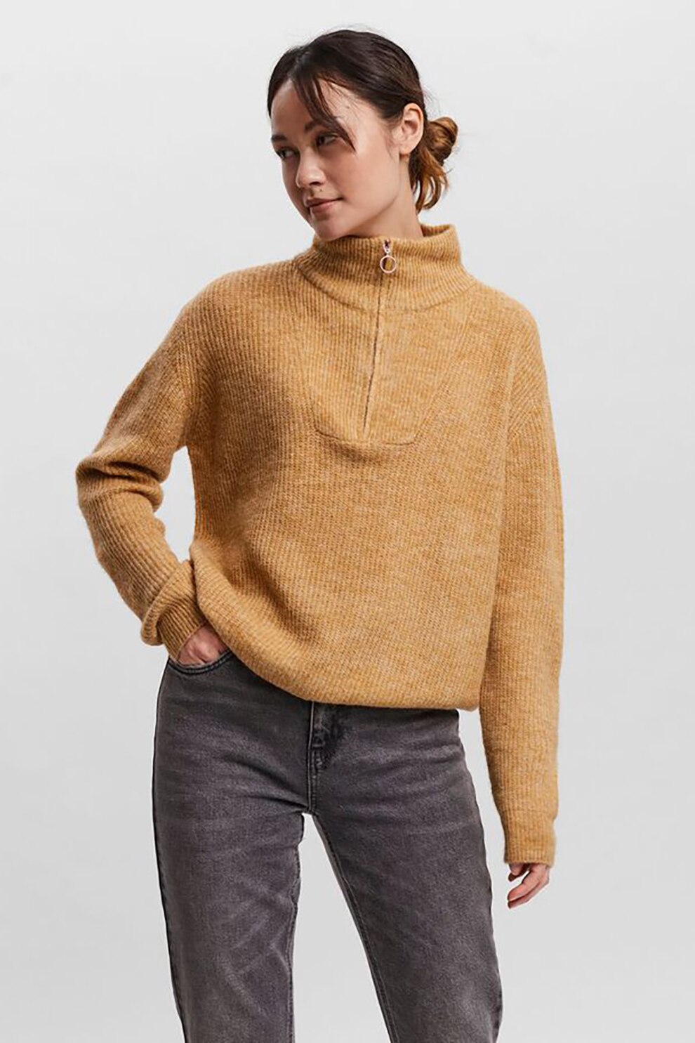 Vero Moda, Pulover lejer cu fenta cu fermoar, Bej