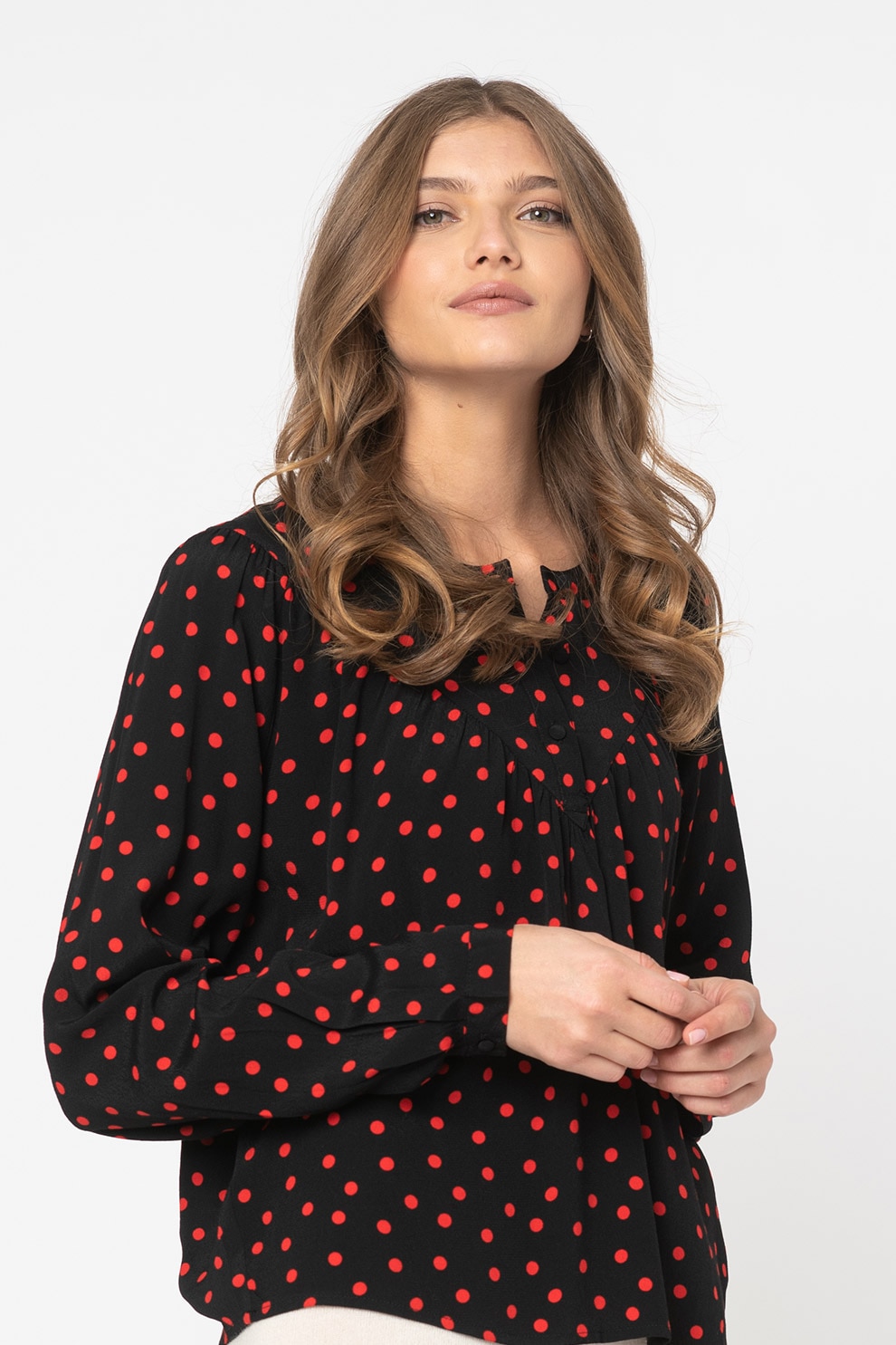 JdY, Bluza cu imprimeu si fenta cu nasturi Munte, Negru/Rosu