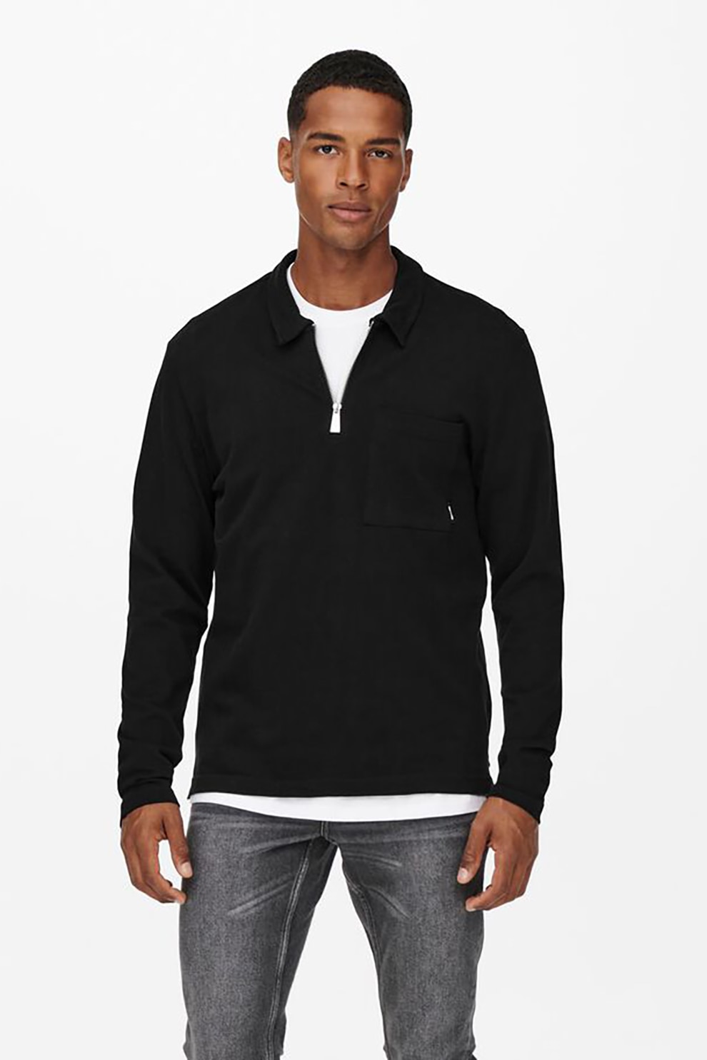 Only & Sons, Bluza polo cu buzunar pe piept, Negru