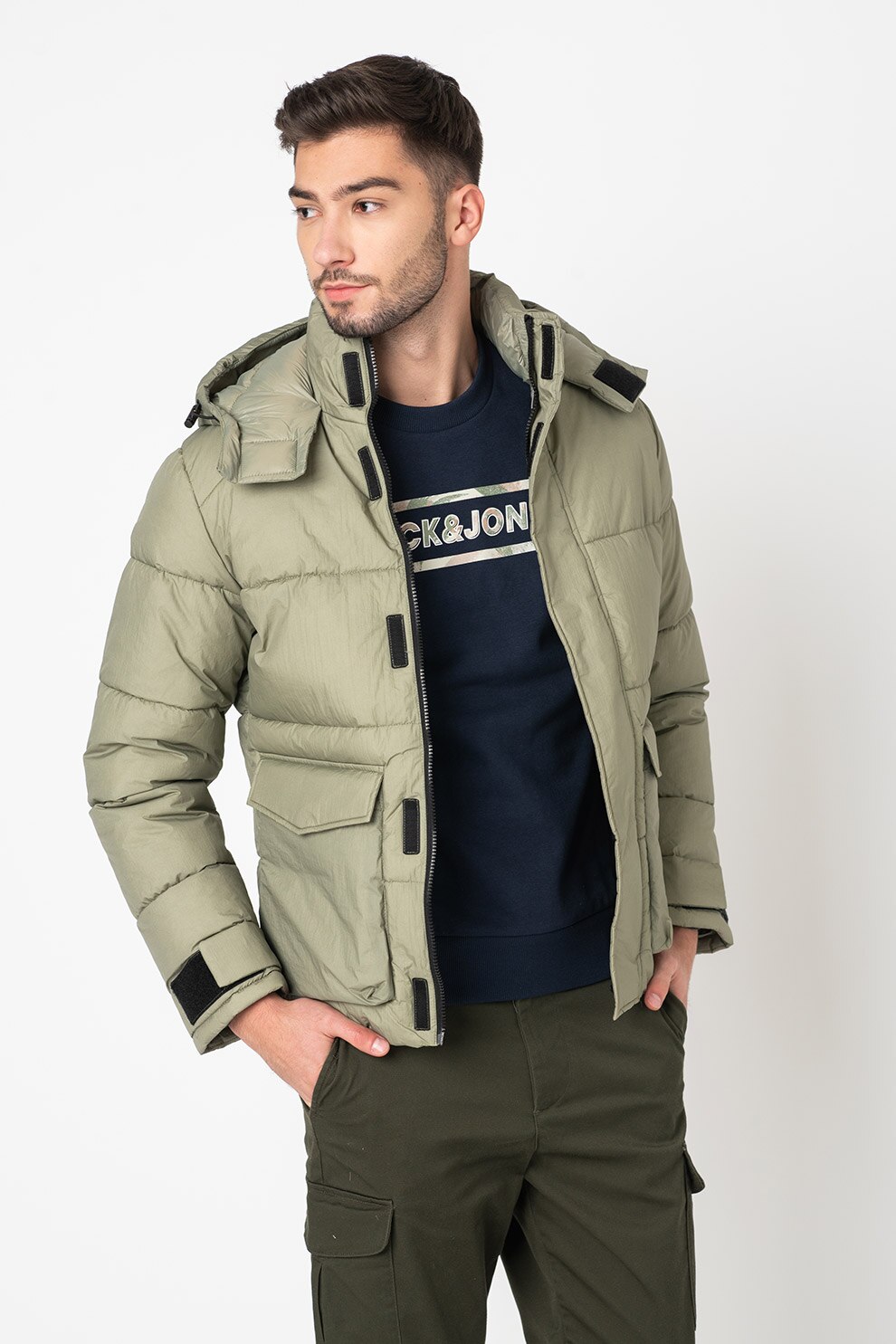 Jack&Jones, Geaca cu gluga si buzunare aplicate Strad, Verde feriga