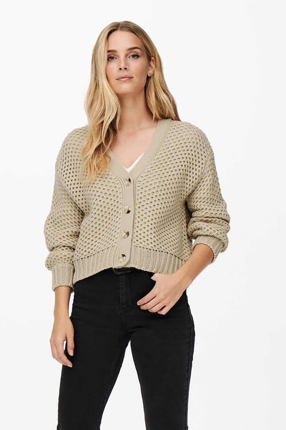 JdY, Cardigan cu decolteu in V tricotat Julie, Maro nisip