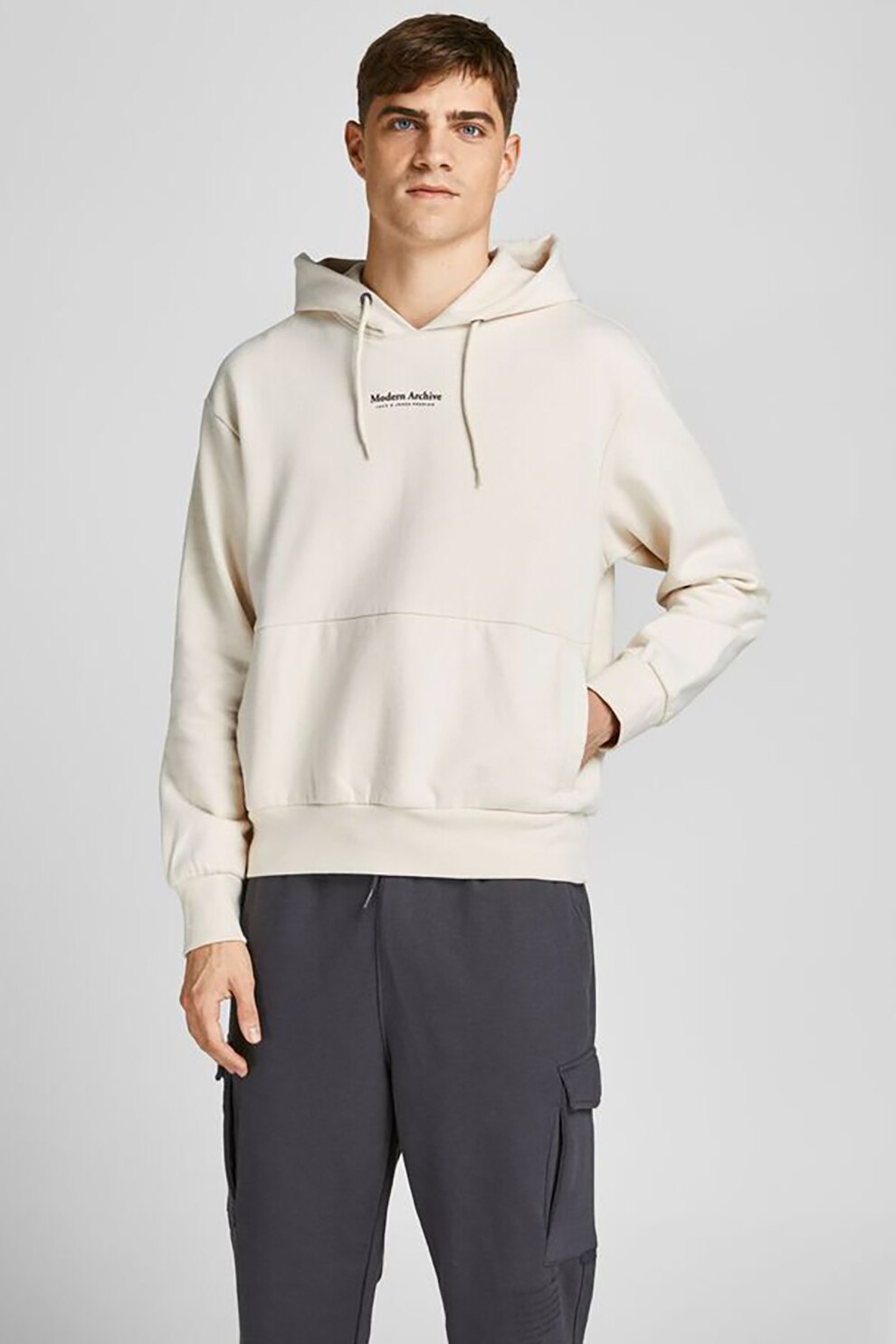 Jack&Jones, Hanorac de bumbac cu buzunare laterale, Alb prafuit