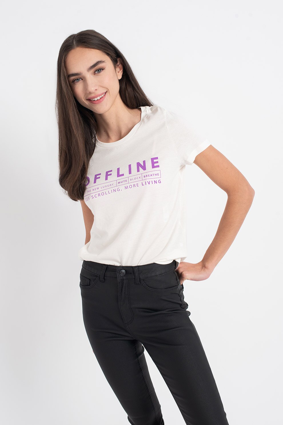 Vero Moda, Tricou din bumbac cu imprimeu text Francis, Alb/Purpuriu