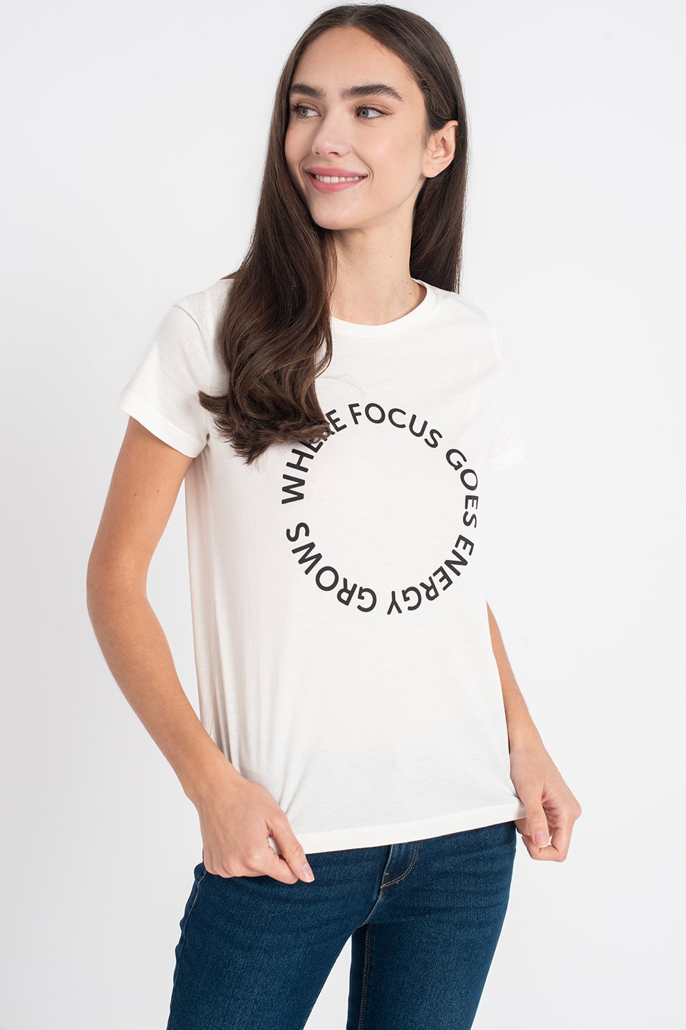 Vero Moda, Tricou din bumbac cu imprimeu text Francis, Alb/Negru