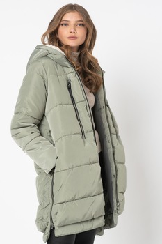 Only, Geaca lunga cu gluga, vatelina si aspect matlasat Nora, Verde pal Only, Geaca lunga cu gluga, vatelina si aspect matlasat Nora, Verde pal