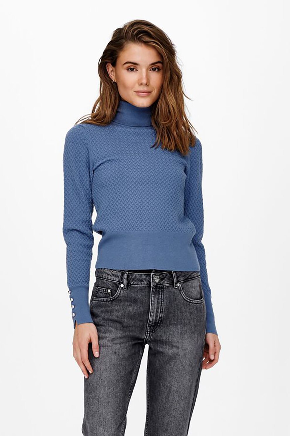 Only, Pulover texturat cu guler inalt, Albastru lavanda, L