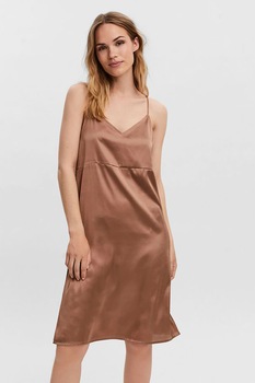 Vero Moda, Camasa de noapte de satin cu bretele cu model incrucisat, Maro camel Vero Moda, Camasa de noapte de satin cu bretele cu model incrucisat, Maro camel