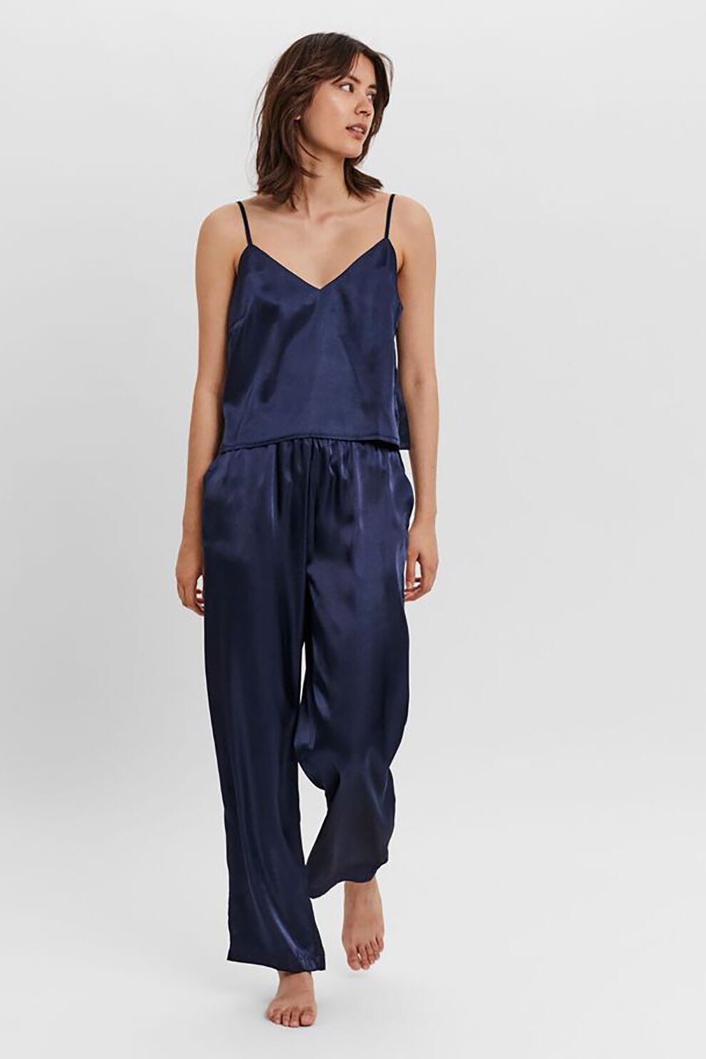 Vero Moda, Pijama din satin cu decolteu in V, Bleumarin inchis